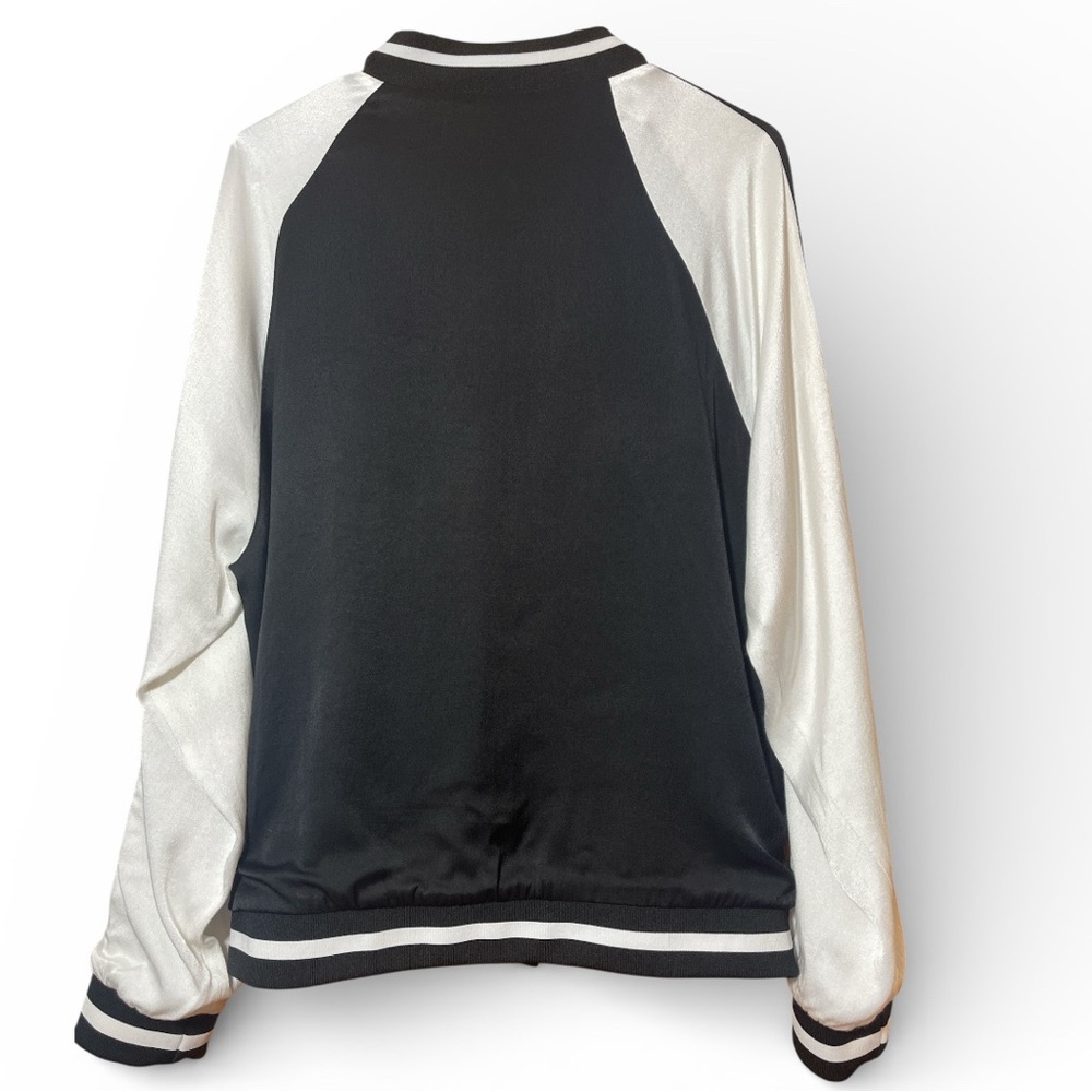 Forever 21 Satin Varsity Bomber Jacket Color Black Ivory Size M - Picture 2 of 16